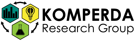 Komperda Research Group Logo. Arrows connecting three hexagons with images of bar plots, light bulb, and Erlenmeyer flask